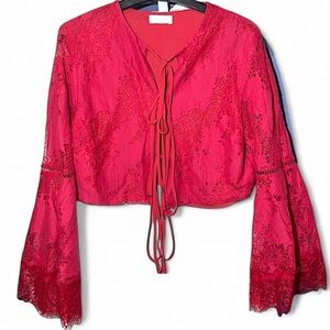 NWT Liu Jo Lace Top with Tie-Front Closure and Bell Sleeves in Red